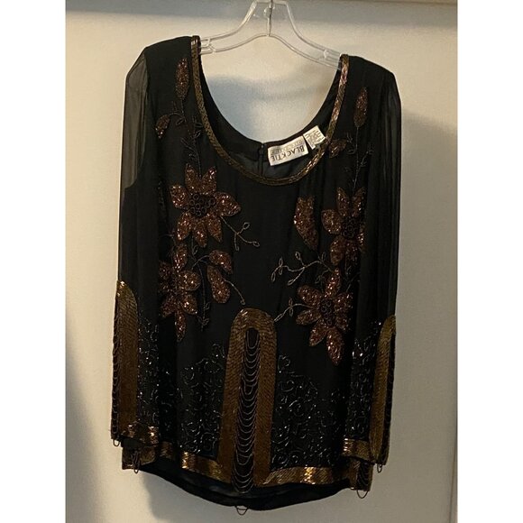BLACK TIE BEADED SEQUIN EMBBELLISIED JEWELED SILK WOMEN'S STATEMENT  BLOUSE LG - Picture 9 of 16